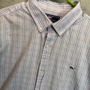 Vineyard Vines Mens L Slim Fit Whale Shirt Pink Blue Plaid Button‎ Down